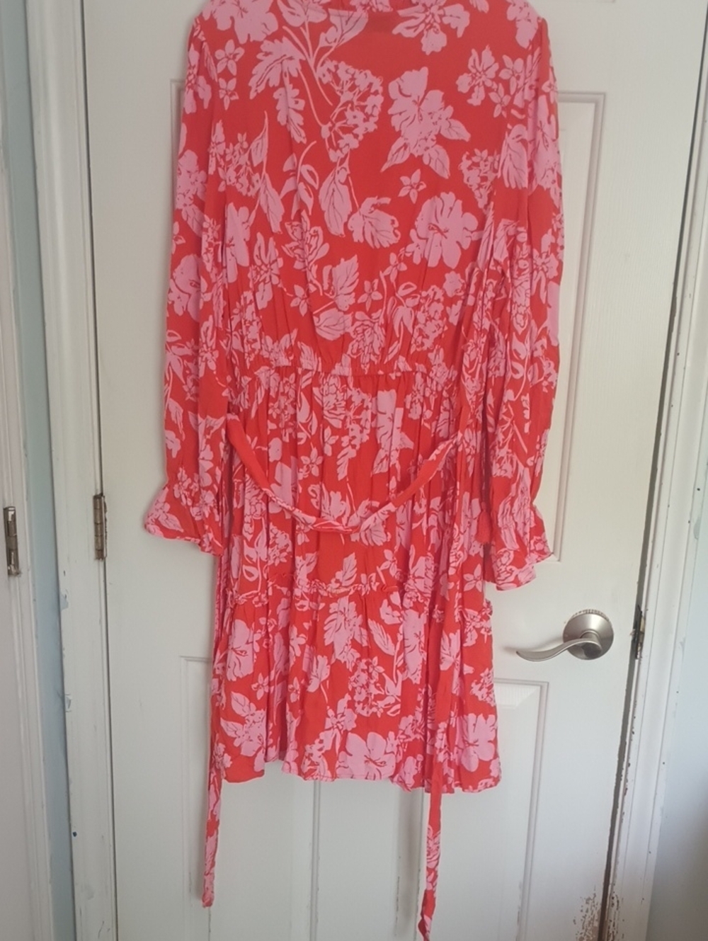 Absolutely Famous Coral and Light Pink Floral V-Neck Long Sleeve Tiered Dress - Picture 11 of 11